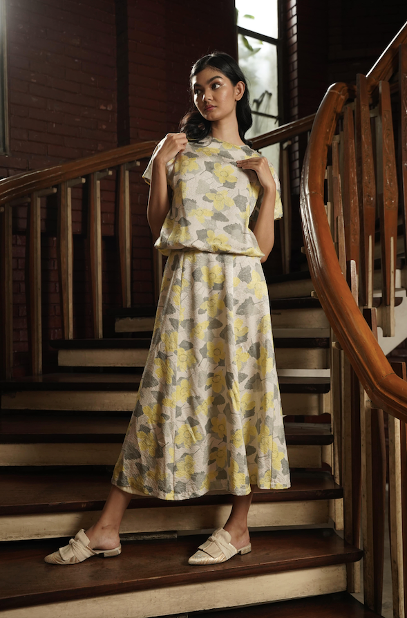 EDYA SKIRT AND TOP SET-ABSTRACTED YELLOW