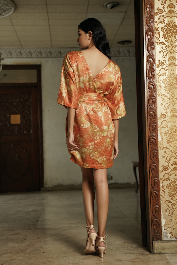 Kimono Obi Belt Short Dress-Silky Orange